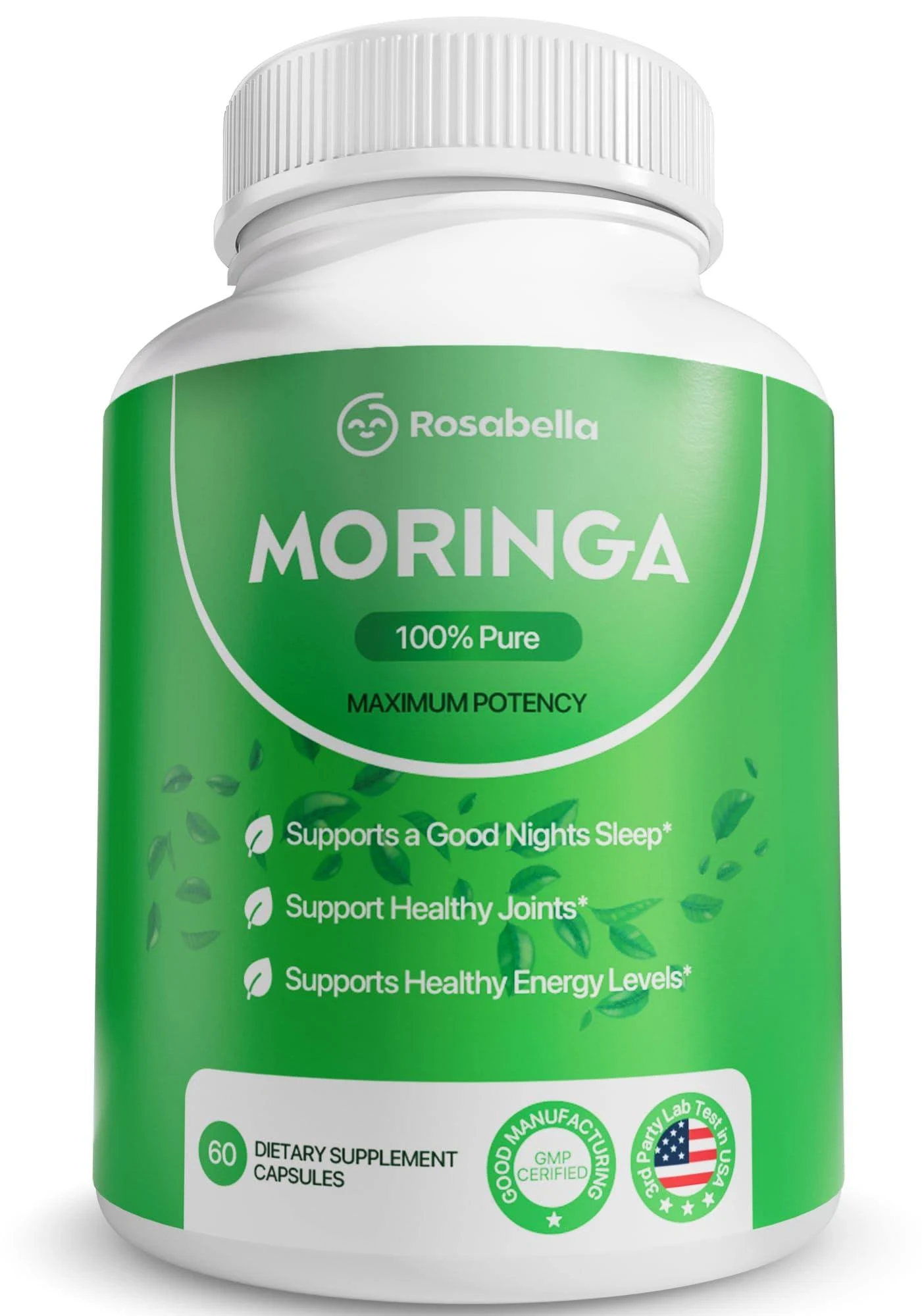Rosabella Moringa: White bottle, white cap, green label with leaf art; 60 capsules.